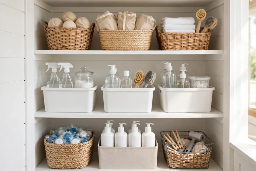 Labeled Bins for Stain Removers - laundry closet ideas