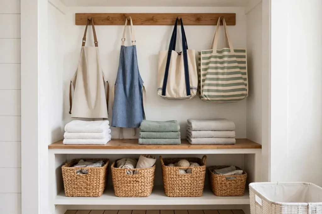 Peg Rail for Aprons and Bags - laundry closet ideas