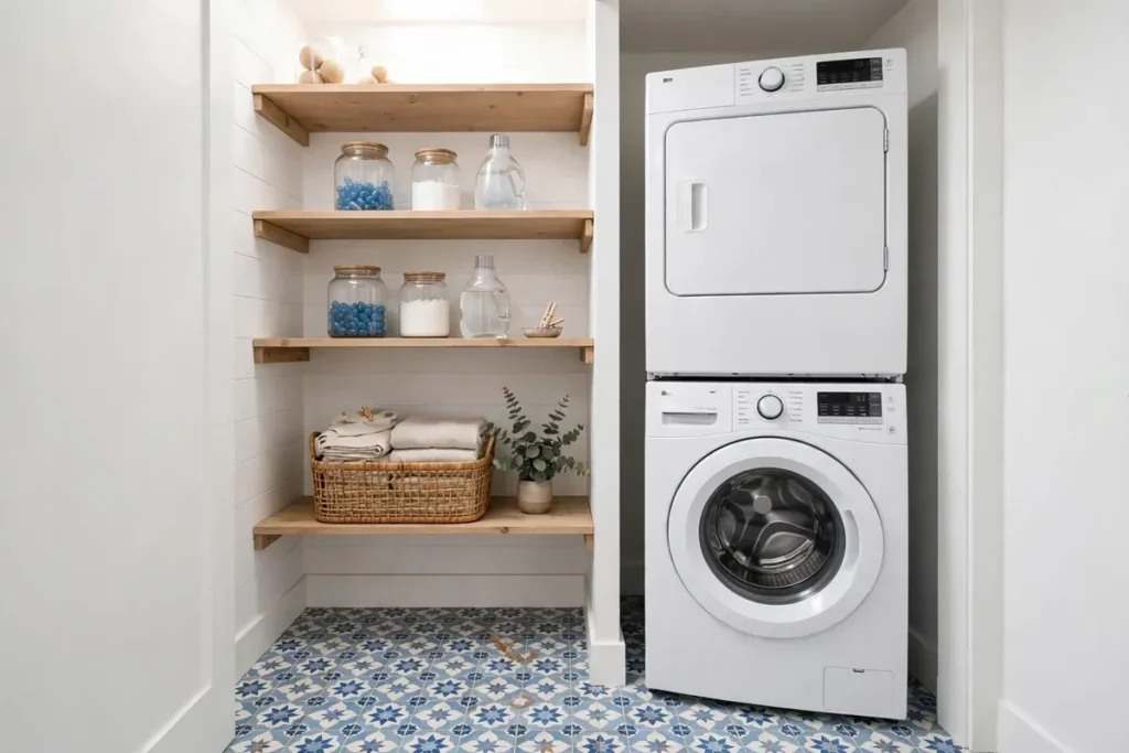 Patterned Tile Floor in the Closet - laundry closet ideas