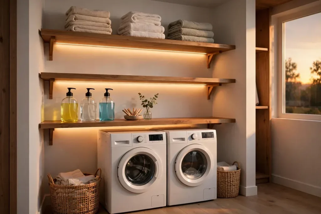 LED Strip Lighting Under Shelves - laundry closet ideas