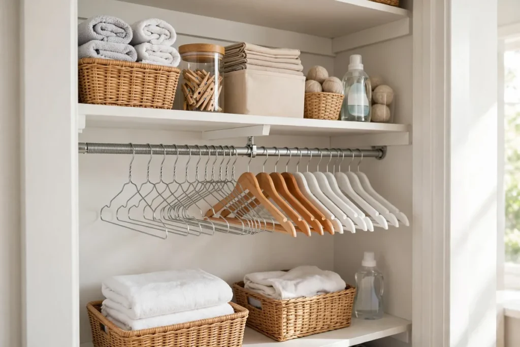 Tension Rod for Spare Hangers - laundry closet ideas