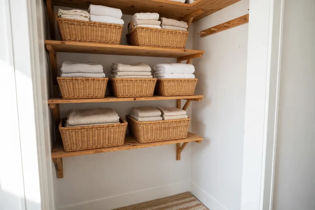 Rattan Baskets for Linen - laundry closet ideas