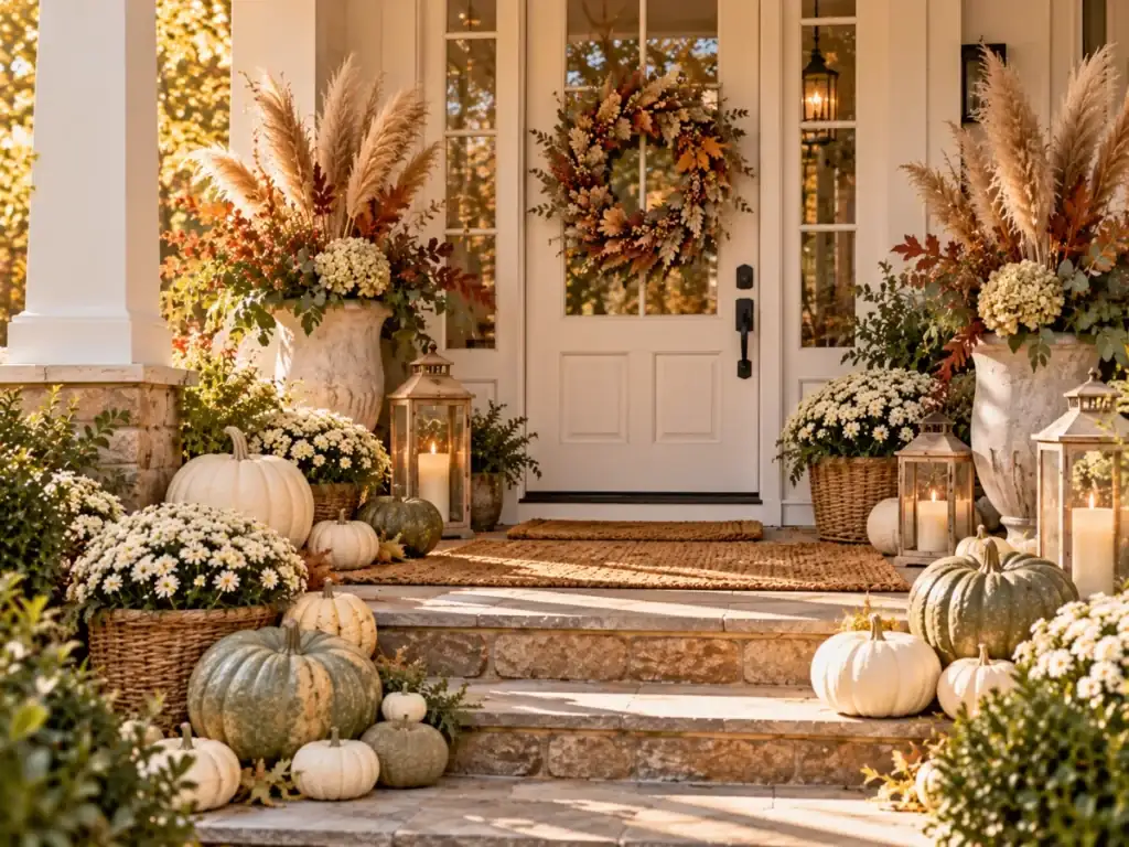 White Pumpkin Neutral Porch - fall front porch decor ideas
