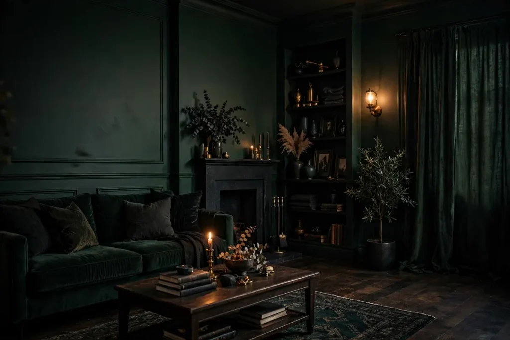 Deep Forest Green Walls - moody living room ideas