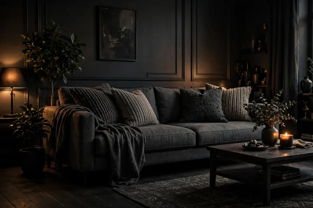 Charcoal Gray Sofa with Textured Pillows - moody living room ideas
