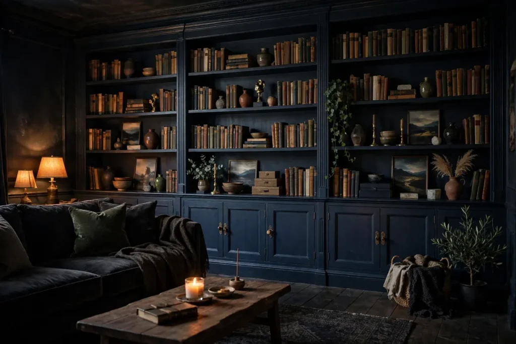 Navy Blue Built-In Shelving - moody living room ideas