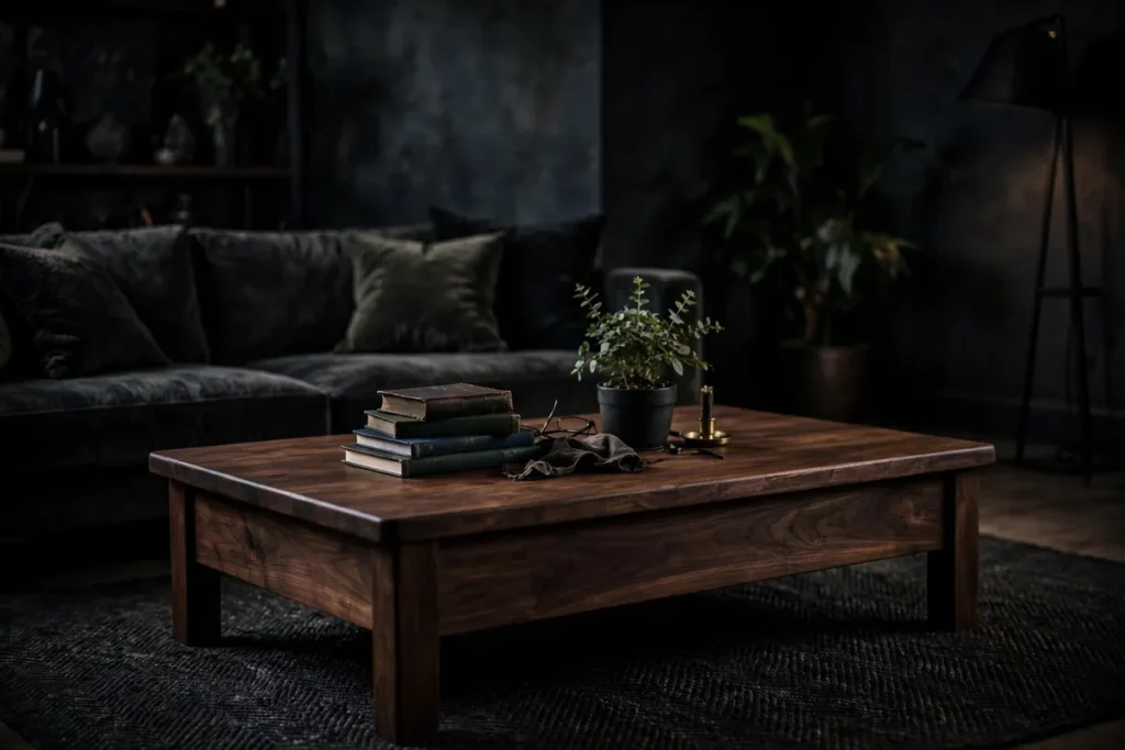Dark Wood Coffee Table - moody living room ideas