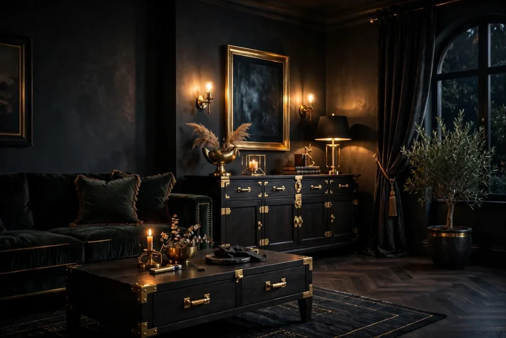 Brass Accents and Gold Hardware - moody living room ideas
