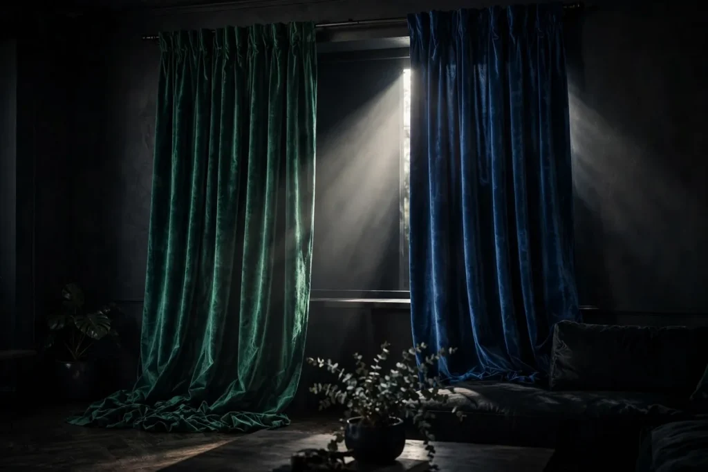 Velvet Curtains in Jewel Tones - moody living room ideas
