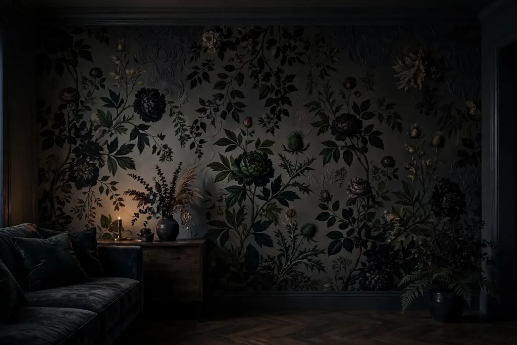 Moody Botanical Wallpaper - moody living room ideas