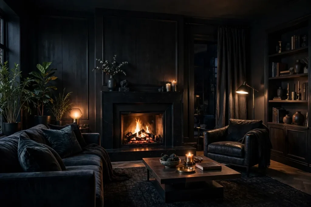 Black Fireplace Surround - moody living room ideas