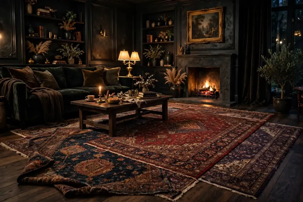 Layered Persian Rugs - moody living room ideas