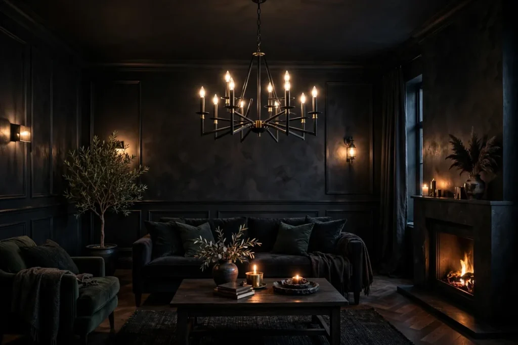 Statement Black Chandelier - moody living room ideas
