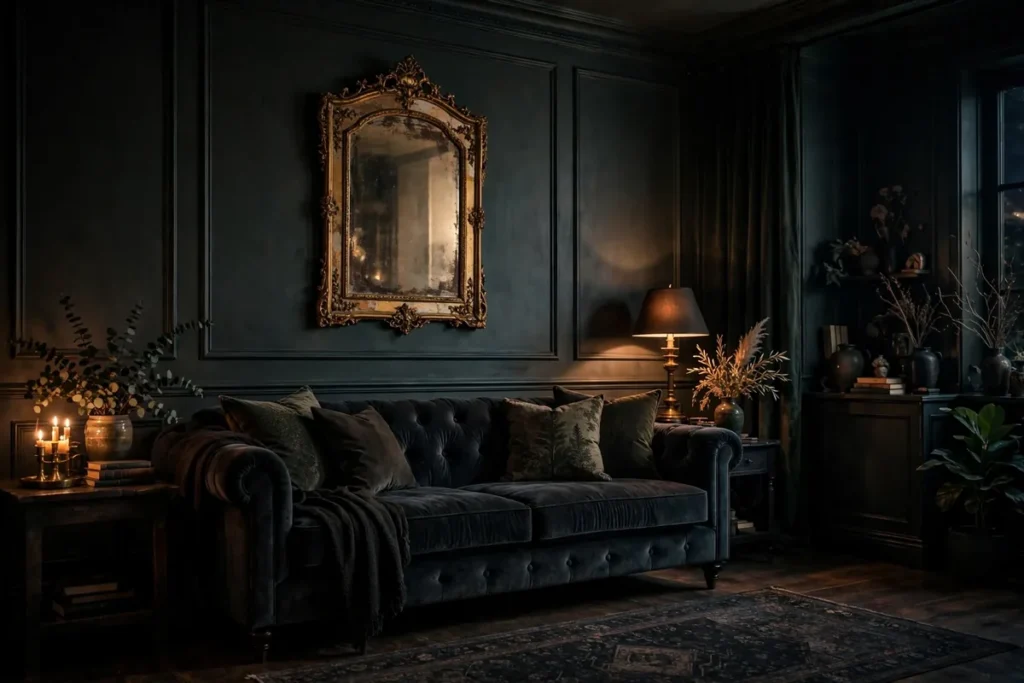 Antique Mirror Above the Sofa - moody living room ideas