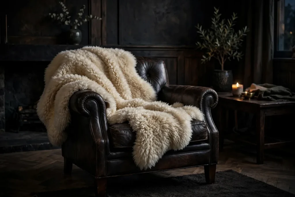 Sheepskin Throw on a Leather Chair - moody living room ideas