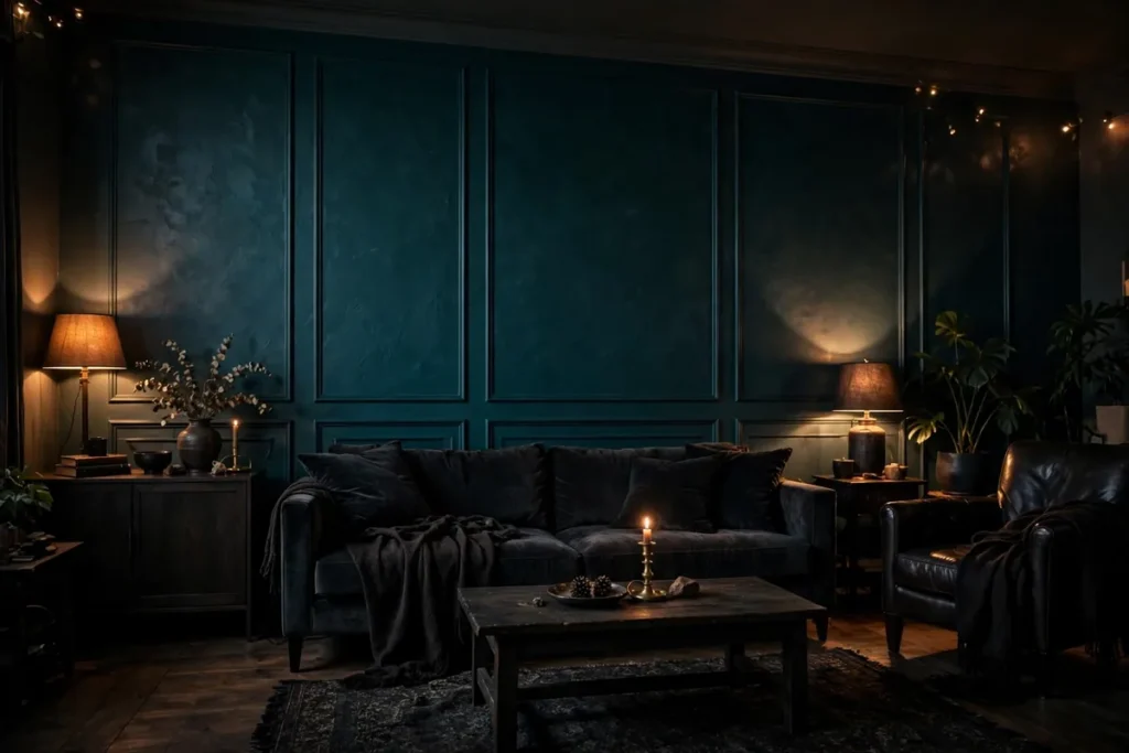 Dark Teal Accent Wall - moody living room ideas