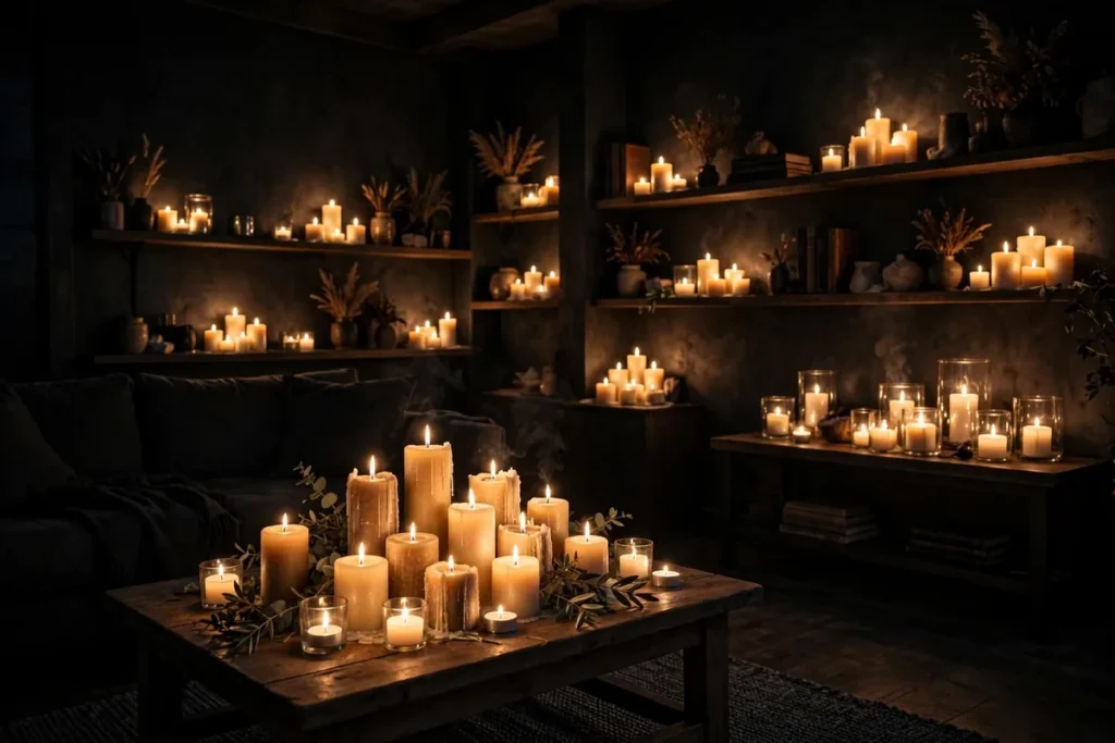 Candle Clusters on Every Surface - moody living room ideas