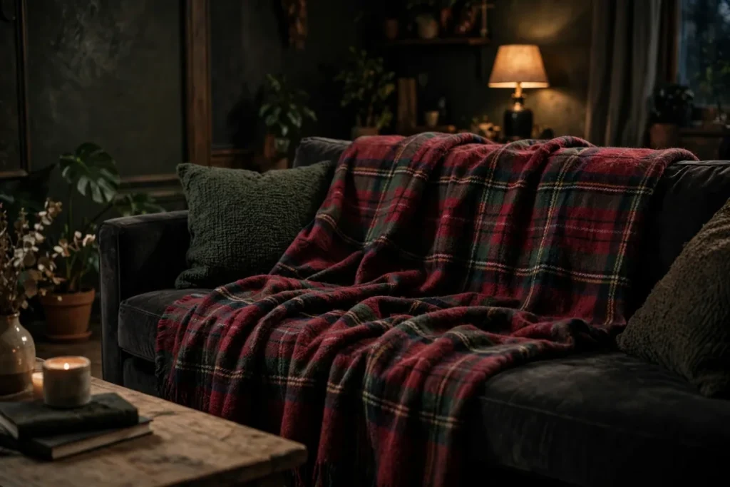 Plaid Wool Blanket in Deep Tones - moody living room ideas