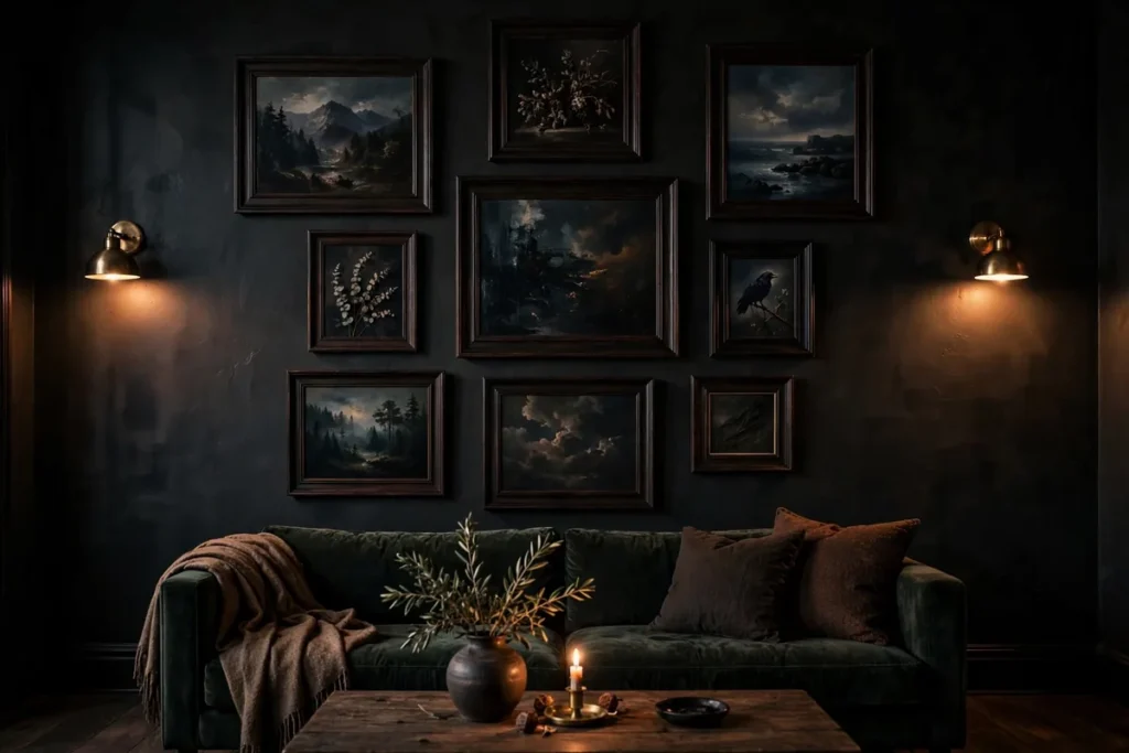 Moody Gallery Wall in Dark Frames - moody living room ideas