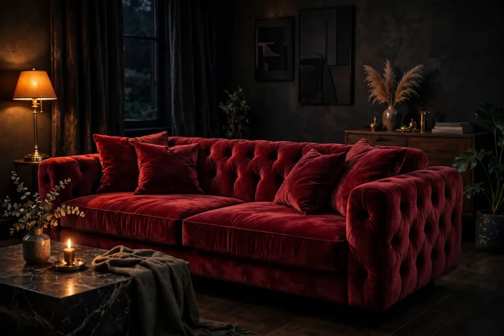 Rich Burgundy Velvet Sofa - moody living room ideas