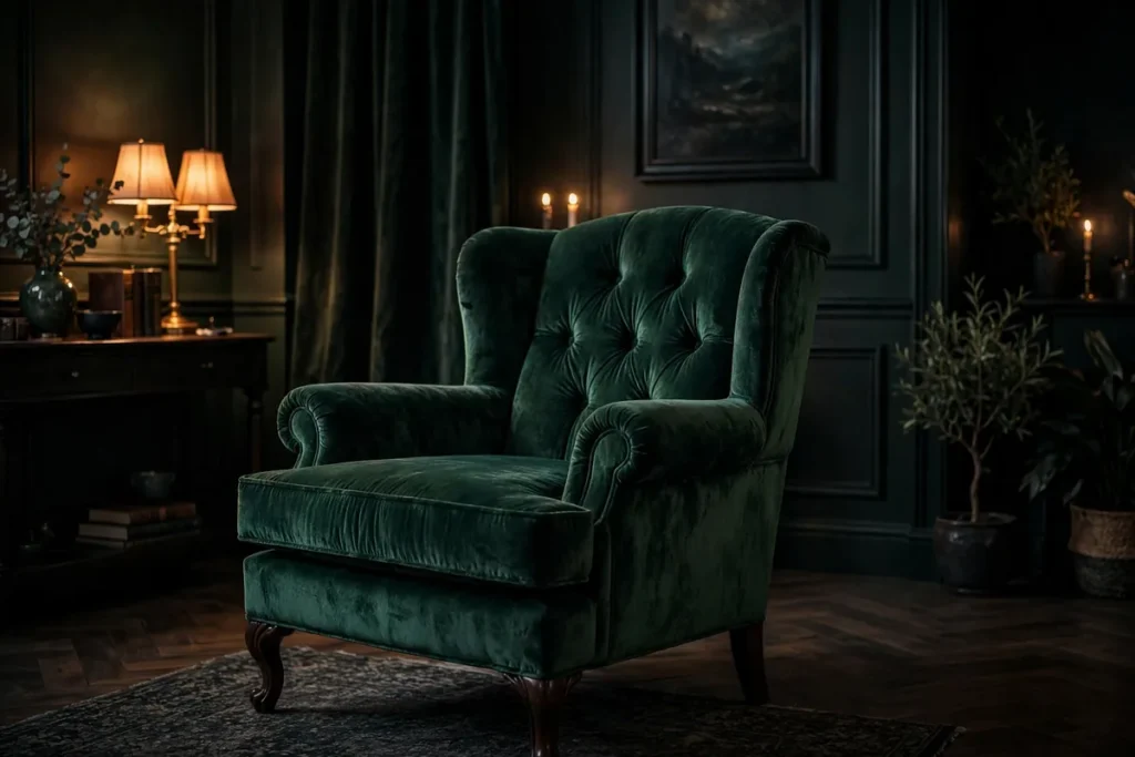 Moody Green Velvet Chair - moody living room ideas