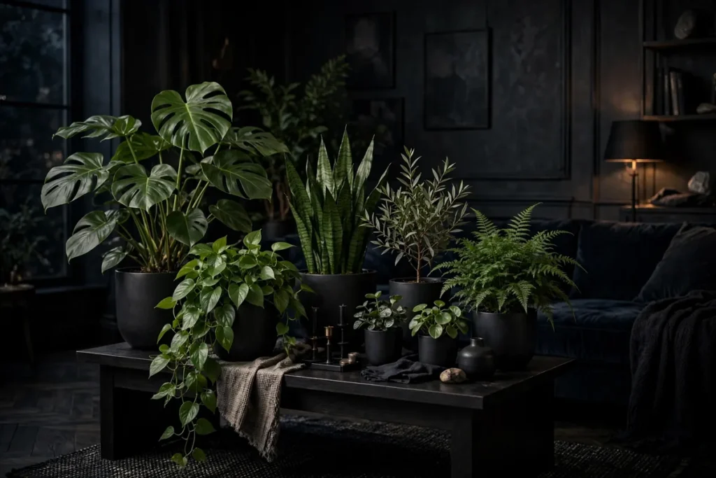 Moody Plants in Dark Pots - moody living room ideas