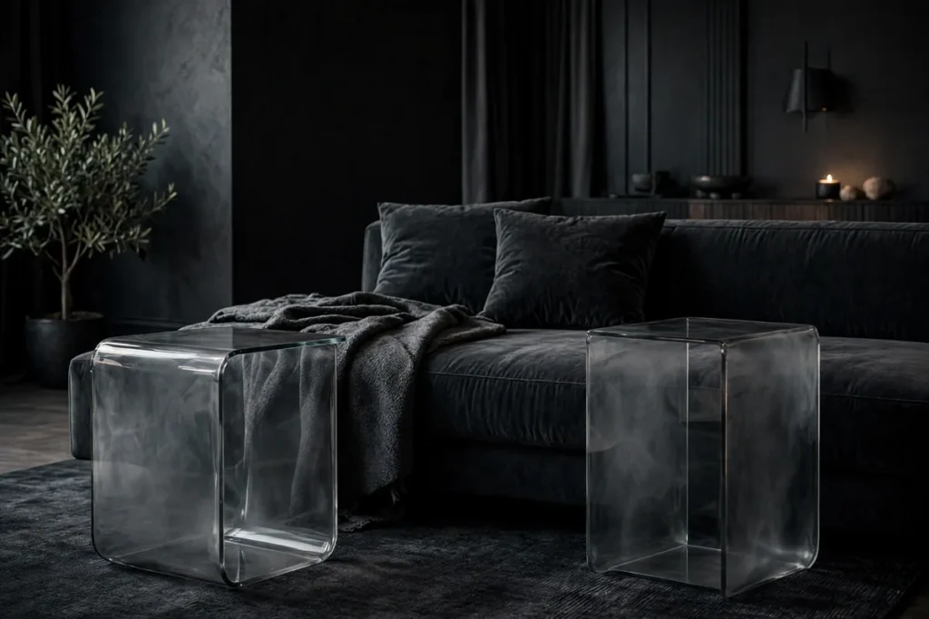 Smoky Glass Side Tables - moody living room ideas