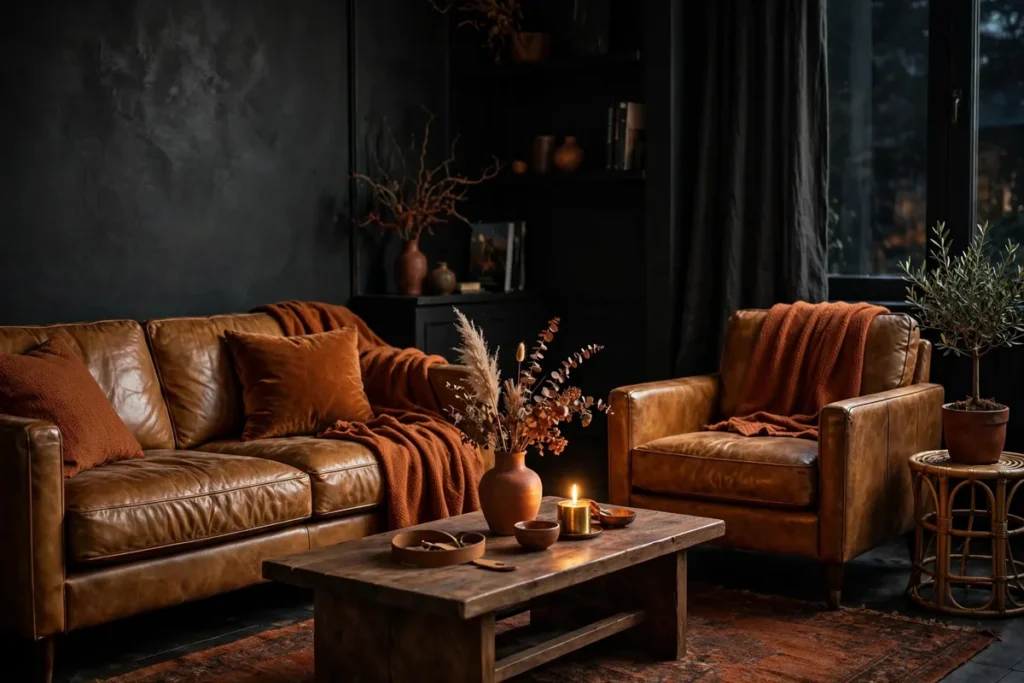 Rust and Camel Leather Accents - moody living room ideas