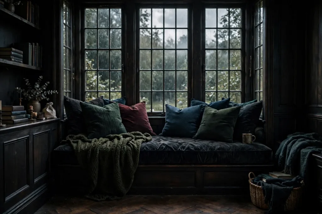 Cozy Window Seat with Dark Cushions - moody living room ideas