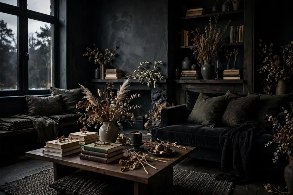 Final Touches with Dried Stems and Books - moody living room ideas