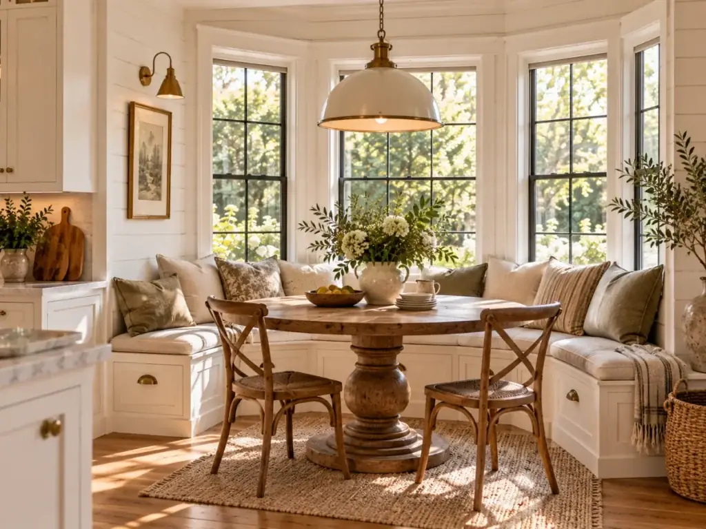 Cozy Breakfast Nook with Bench Seating - modern farmhouse kitchen ideas