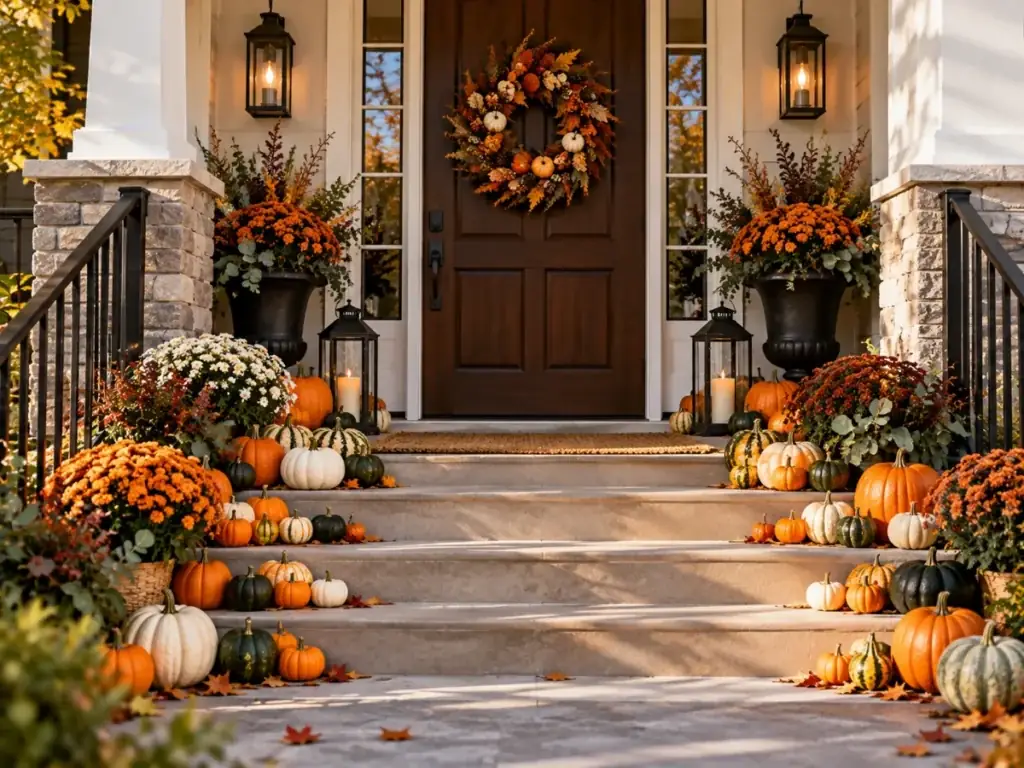 Mini Pumpkin Steps Display - halloween front door decor ideas