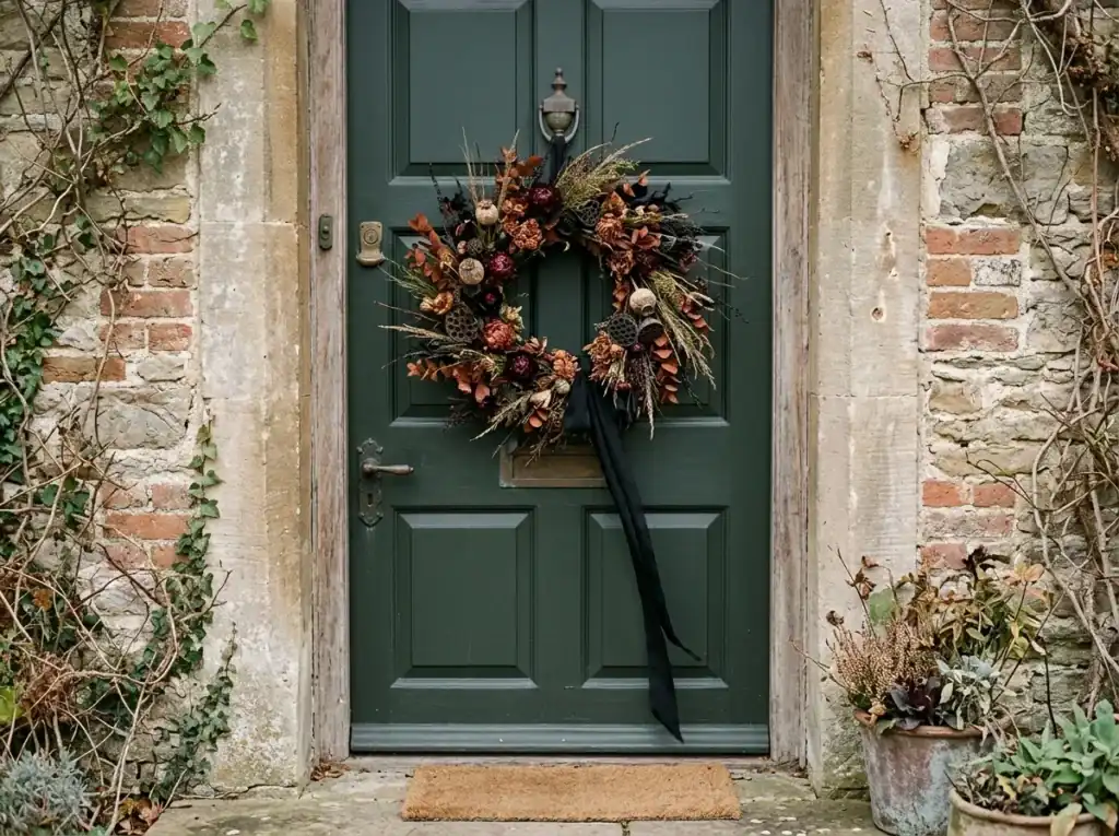 Moody Dried Floral Wreath - halloween front door decor ideas