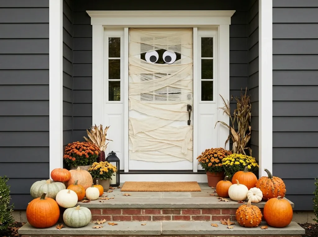 Mummy Wrapped Front Door - halloween front door decor ideas