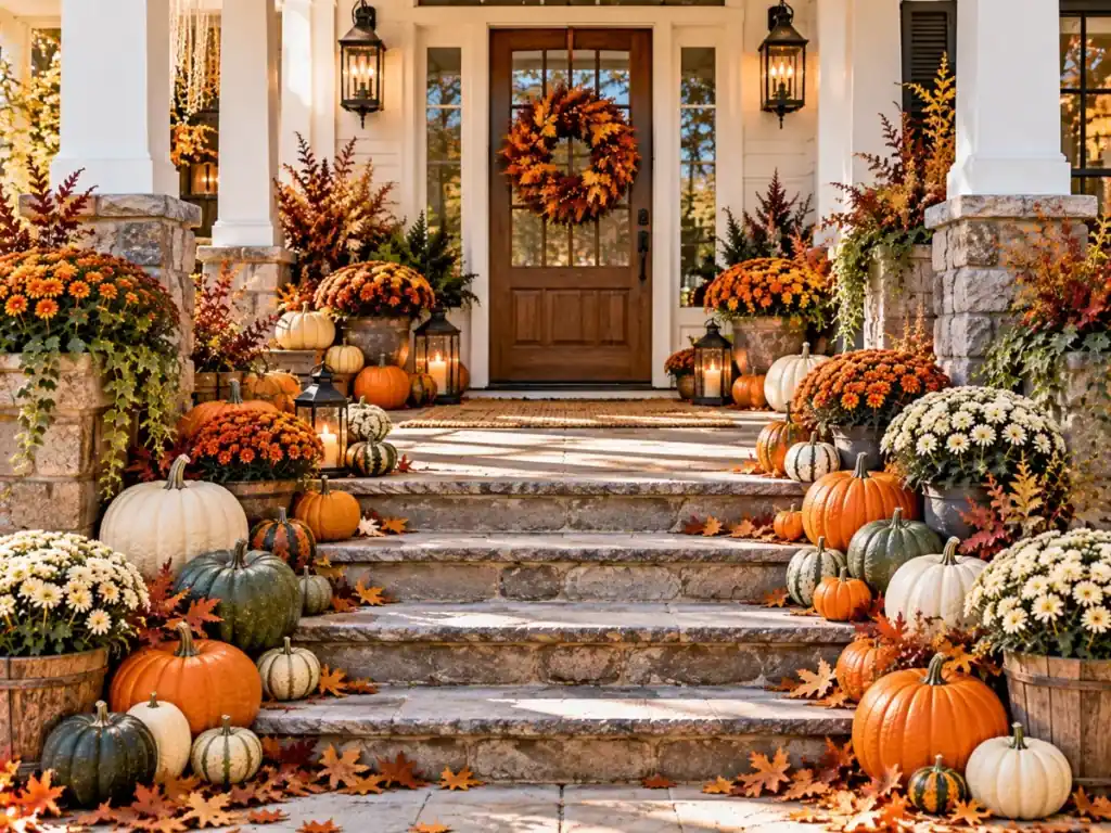 Pumpkins Lining the Porch Steps - fall front porch decor ideas