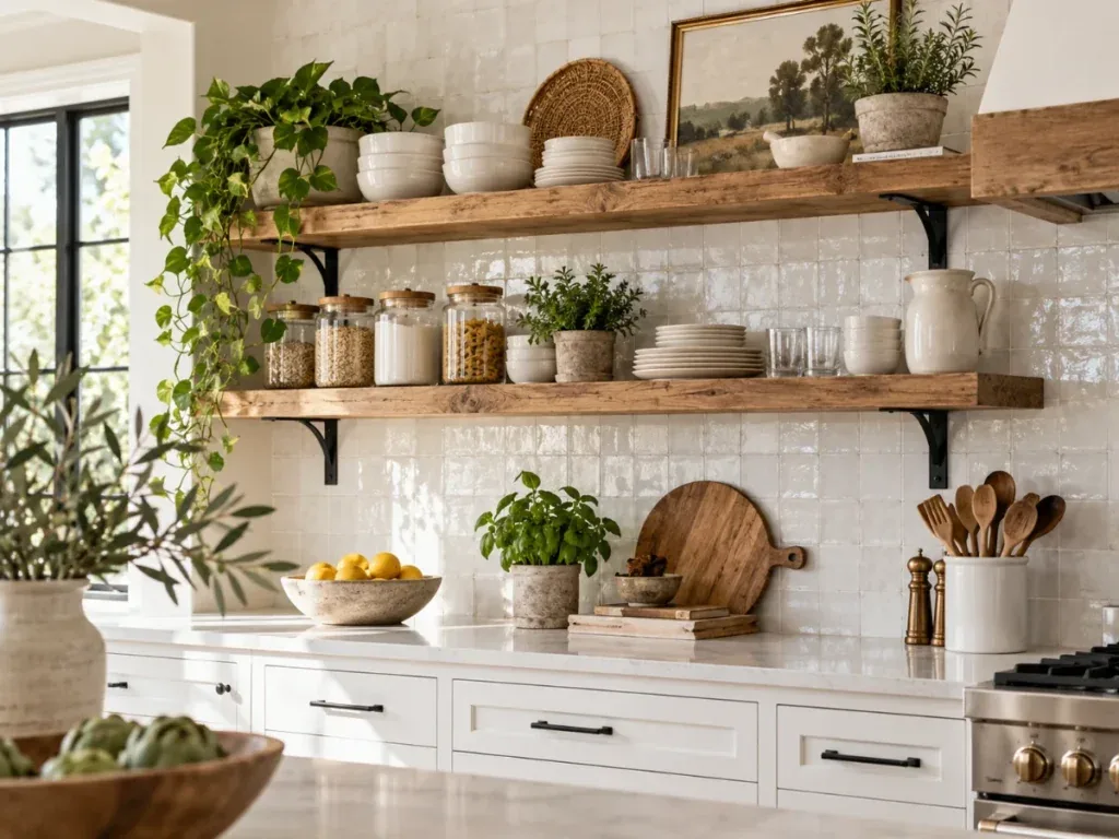 Open Wood Shelving - modern farmhouse kitchen ideas