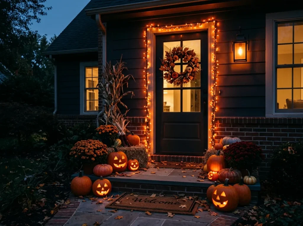 Orange Light Glow Entry - halloween front door decor ideas