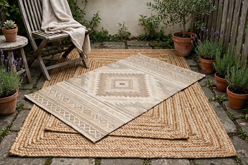Layered Outdoor Rug in a Neutral Pattern - small patio makeover ideas