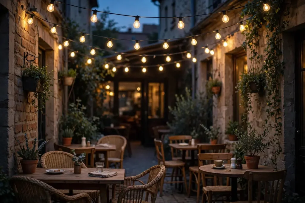 Café String Lights Overhead - small patio makeover ideas