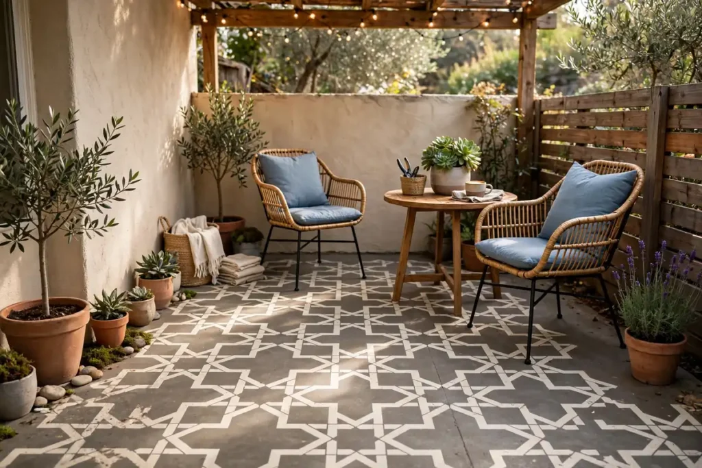 Painted Concrete Floor with a Stencil - small patio makeover ideas