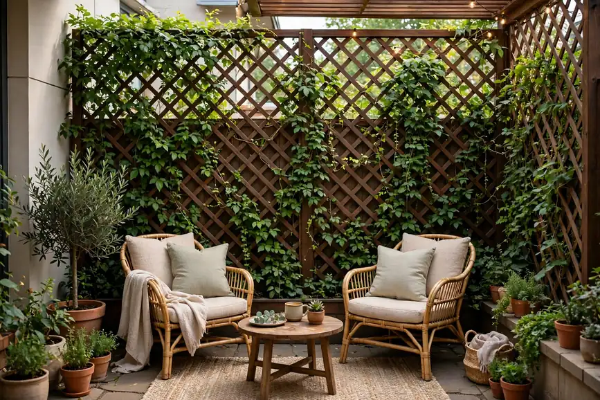Privacy Screen with Climbing Plants - small patio makeover ideas
