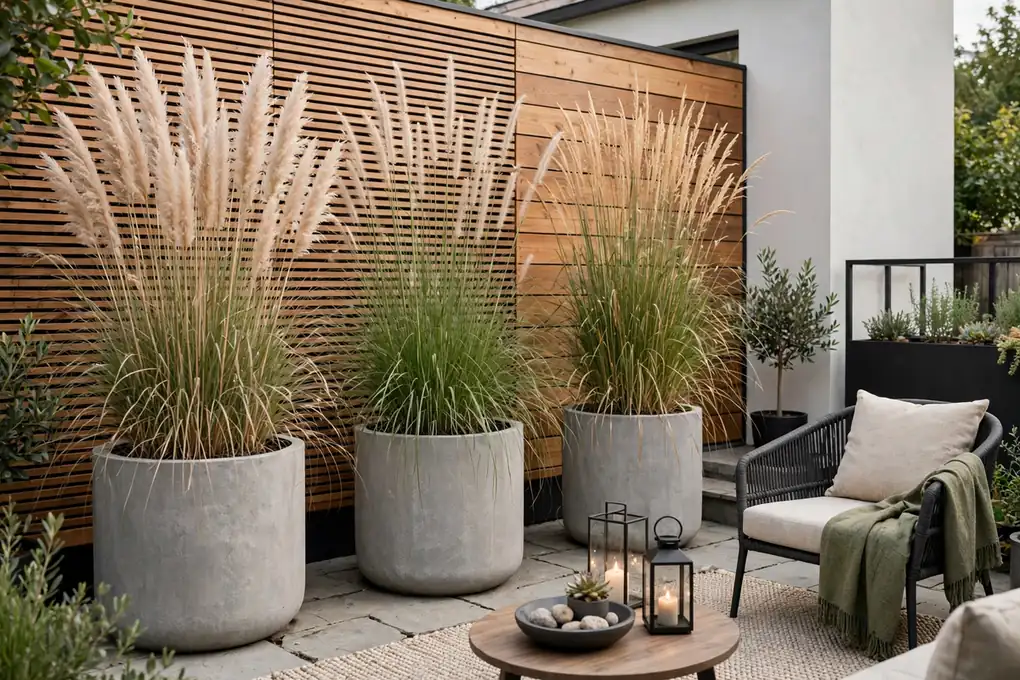 Large Planters with Tall Grasses - small patio makeover ideas