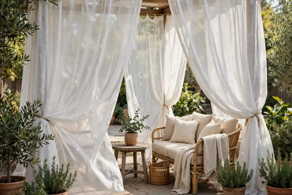 Outdoor Curtains for a Cozy Cabana Feel - small patio makeover ideas