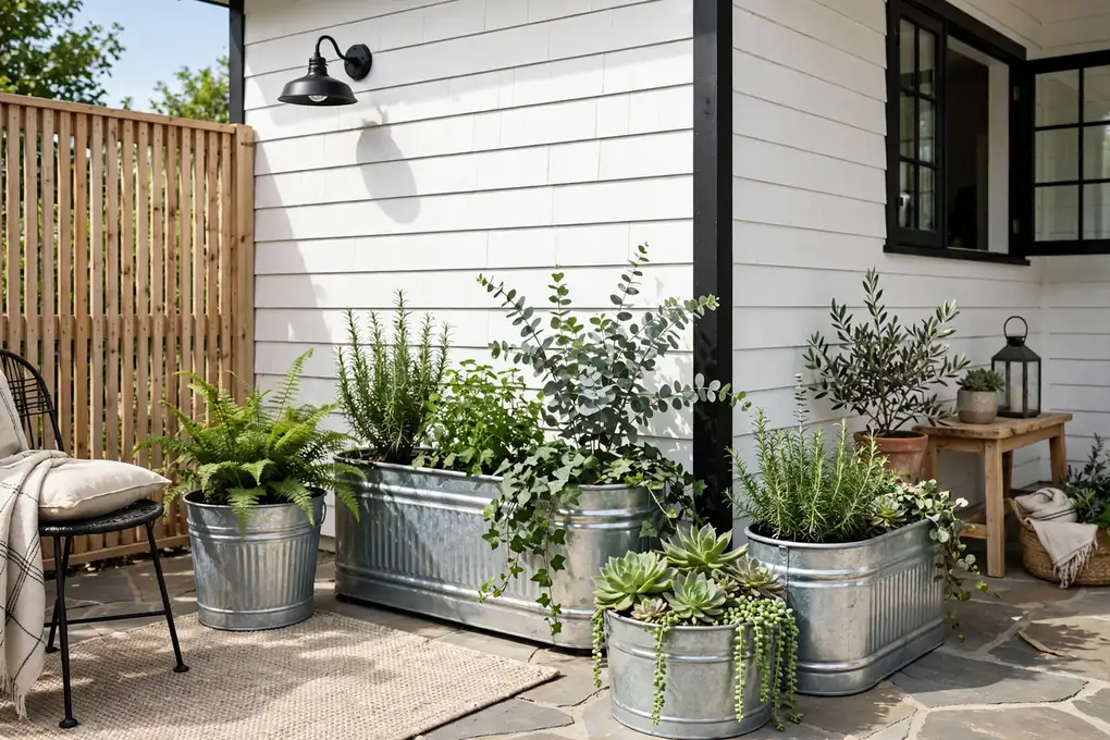 Galvanized Metal Planters for a Modern Farmhouse Look - small patio makeover ideas