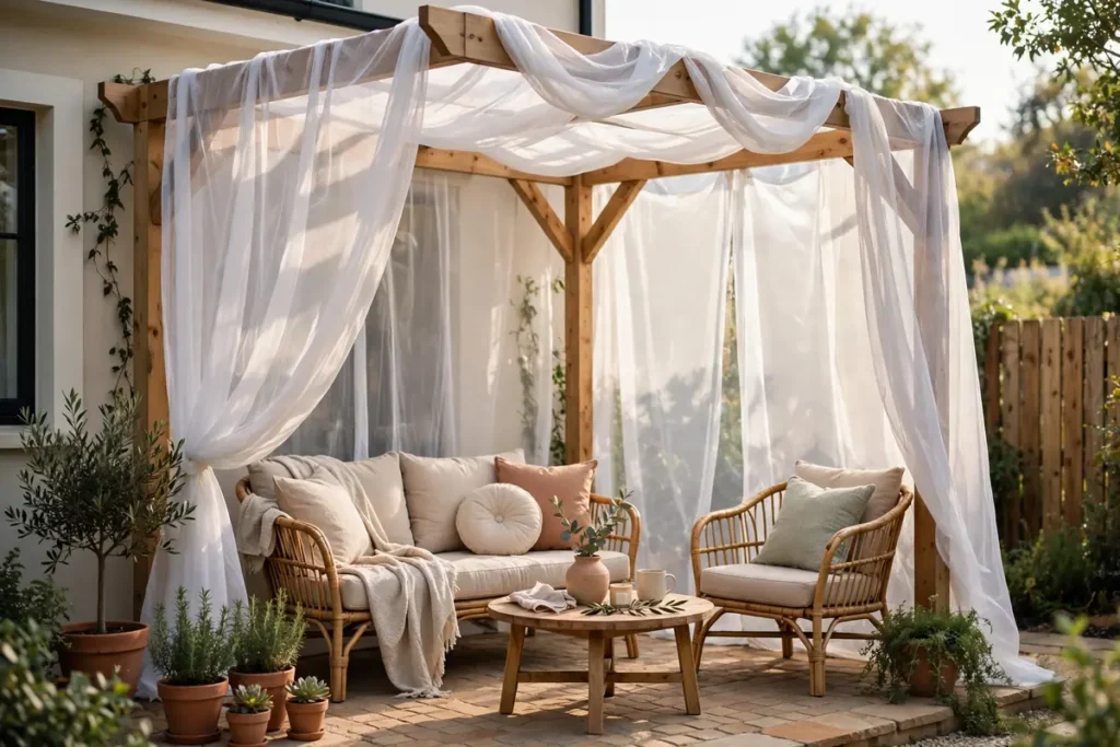 Pergola Kit with Sheer Shade - small patio makeover ideas
