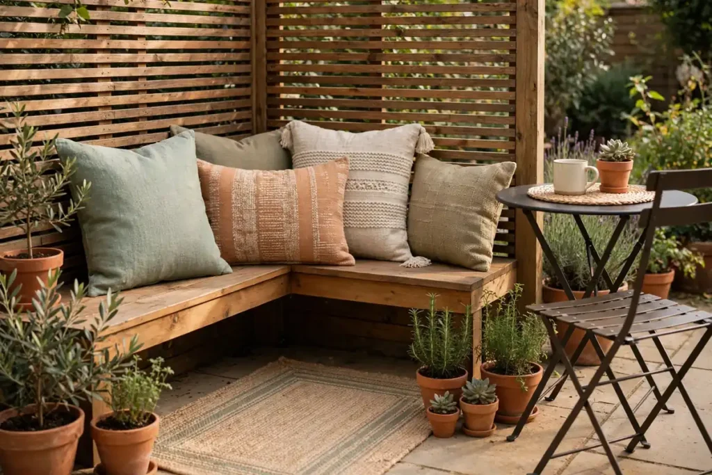 Outdoor Pillows in a Cohesive Palette - small patio makeover ideas