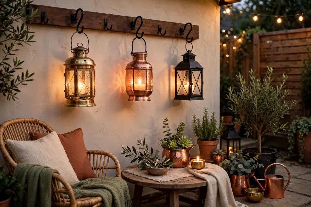 Mixed Metal Accents and Lantern Hooks - small patio makeover ideas