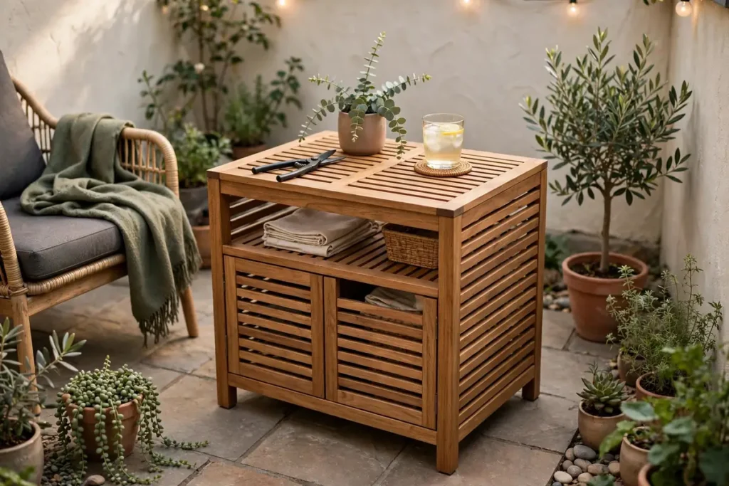 Slatted Wood Side Table with Storage - small patio makeover ideas