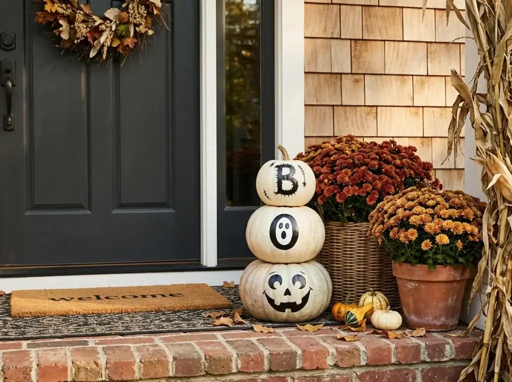 Painted Pumpkin Welcome Stack - halloween front door decor ideas