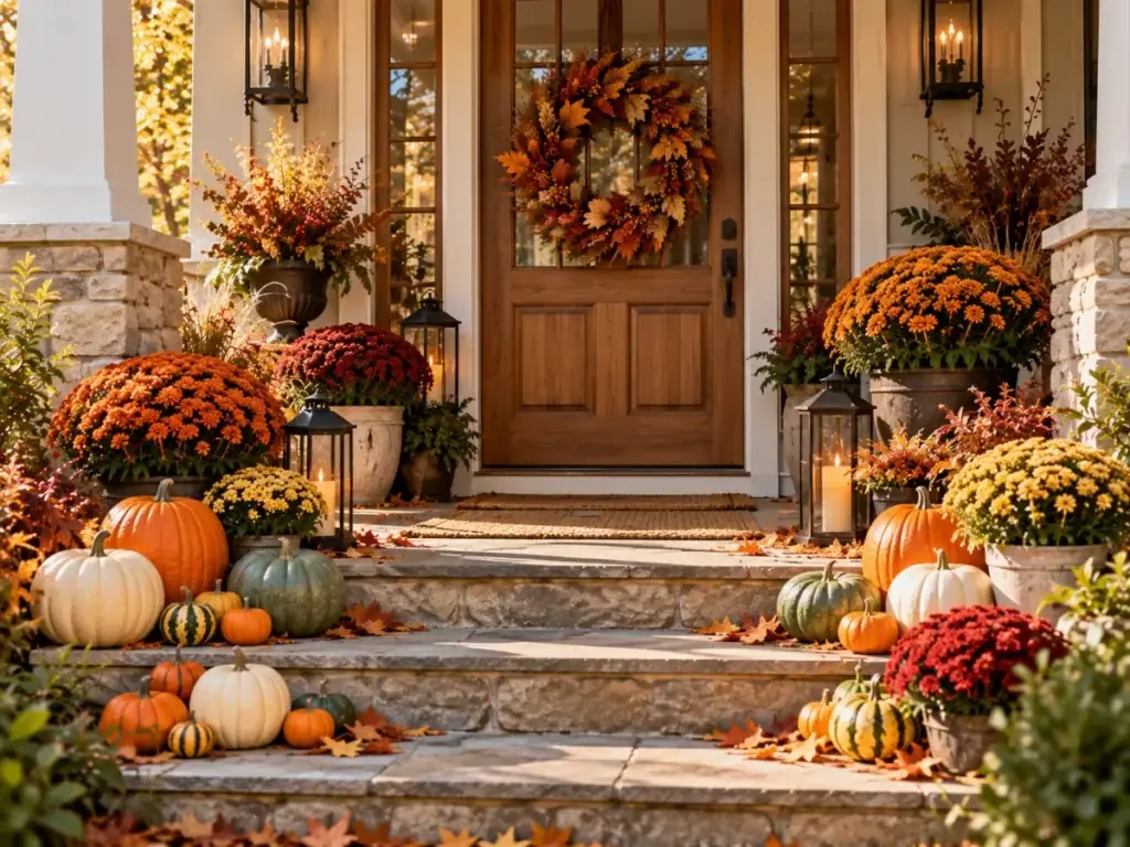 Classic Pumpkin and Mum Display - fall front porch decor ideas